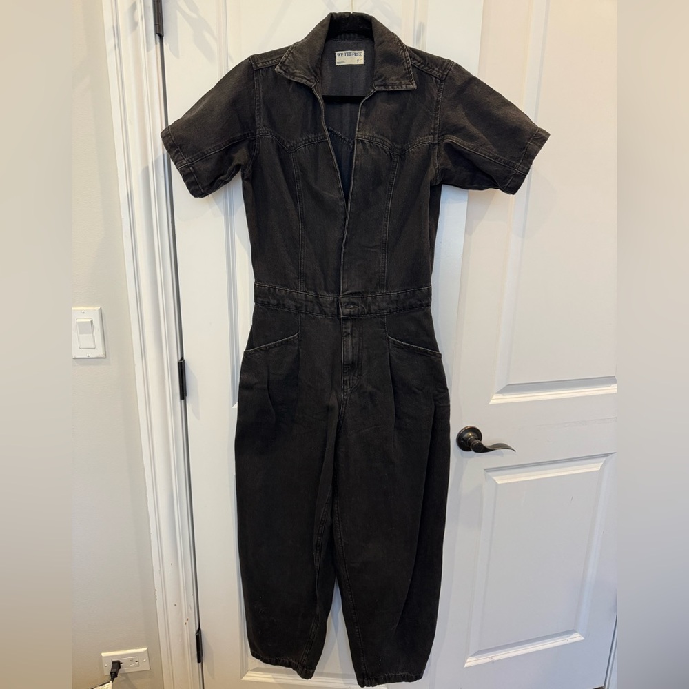 Free People Black Cotton Denim Jumpsuit